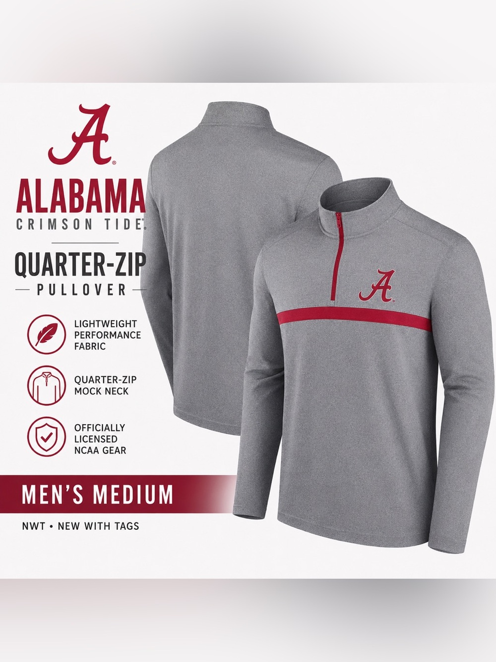 NWT Alabama Crimson Tide Quarter Zip Pullover Men’s Medium Gray Logo Athletic